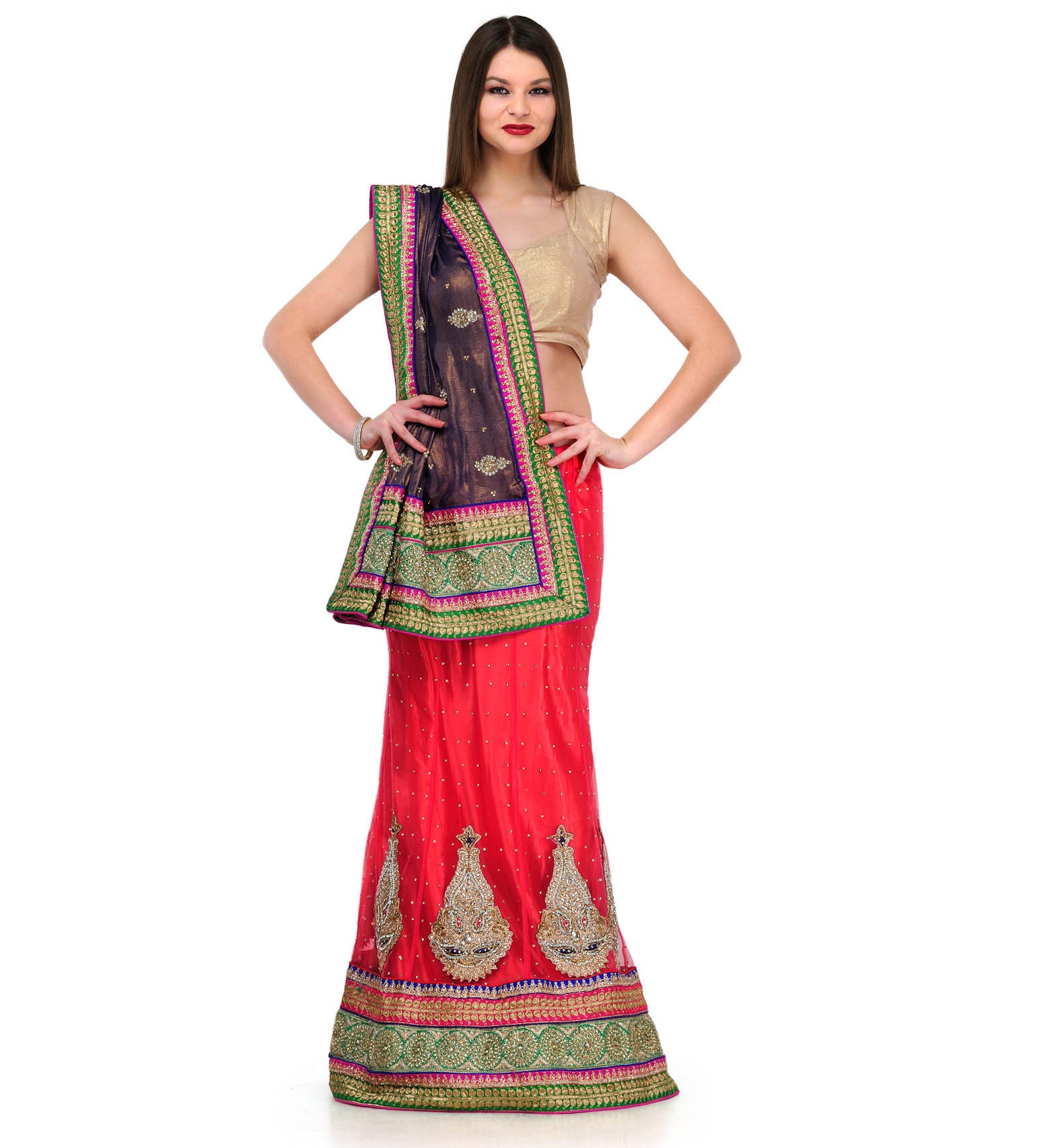 Salmon Faux Georgette Lehenga Style Saree