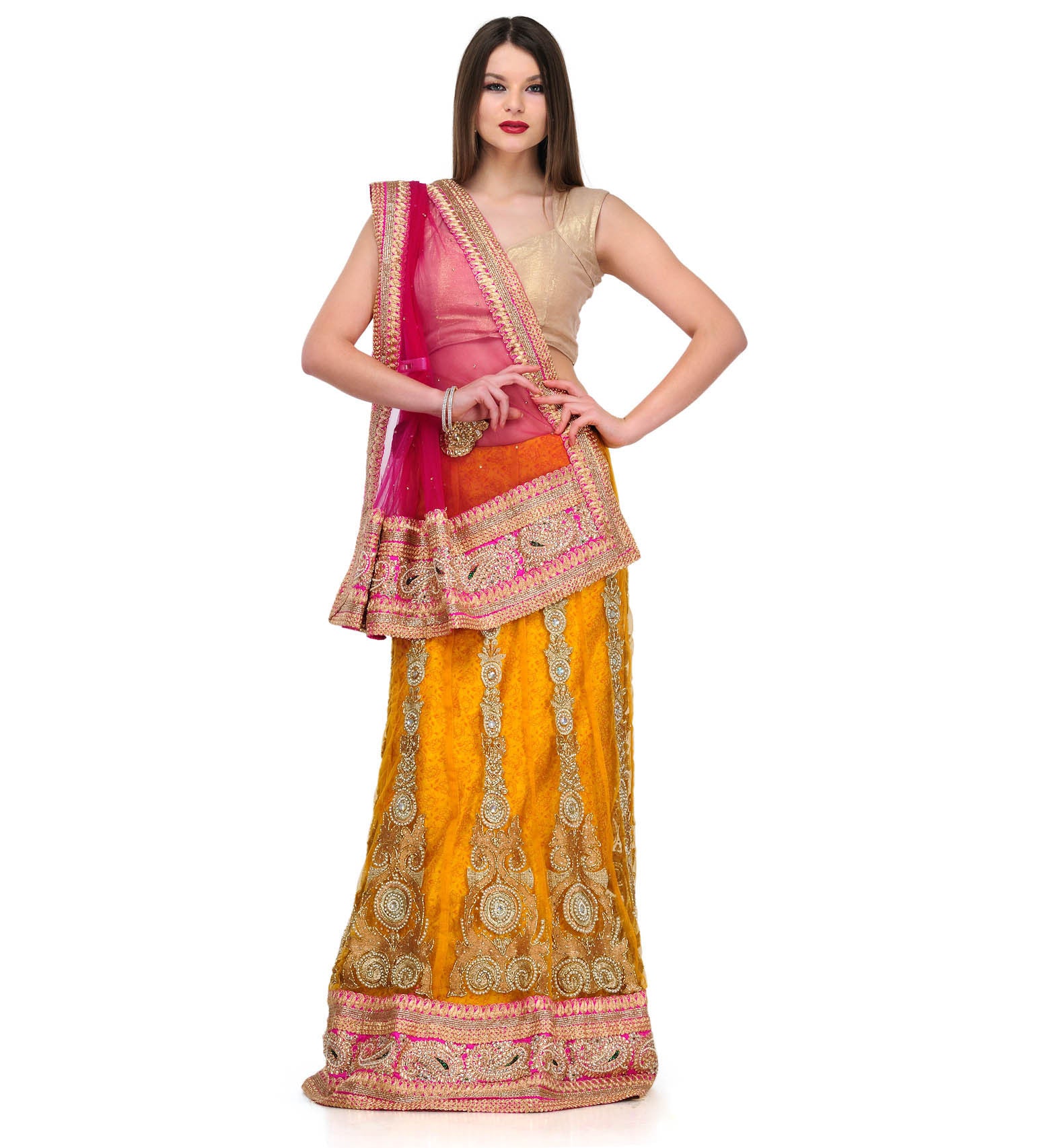 Magenta & Mustard Net Lehenga Style Saree