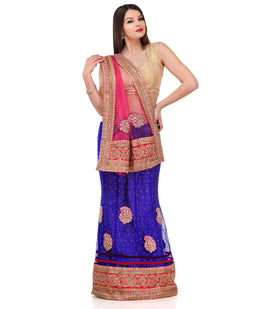 Peach & Royal Blue Net Lehenga Style Saree