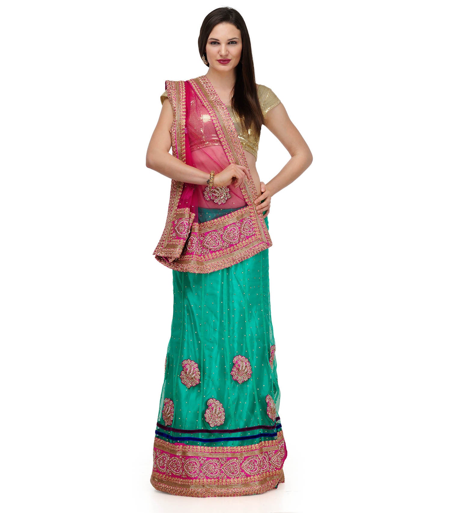 Green & Magenta Net Lehenga Style Saree