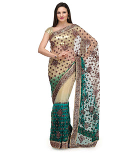 Beige & Green Shaded Net Saree