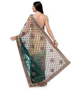 Beige & Green Shaded Net Saree