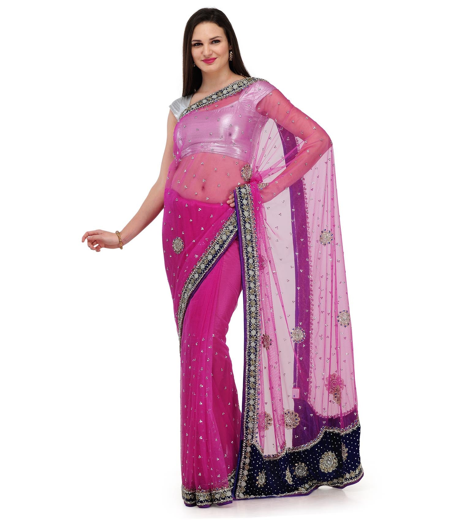 Magenta Net Saree with Pearl Work