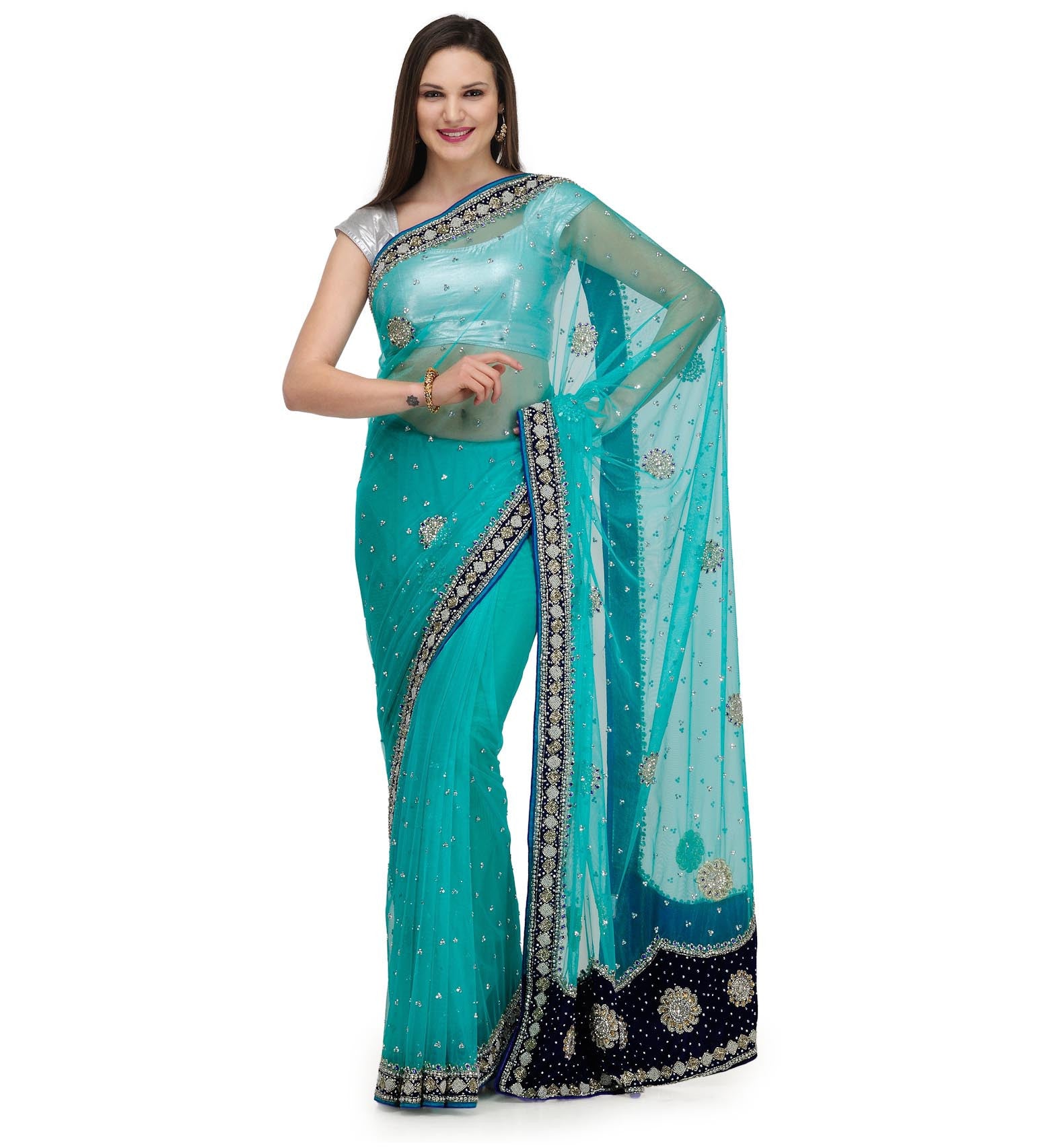 Sky Blue Net Saree with Stone Work