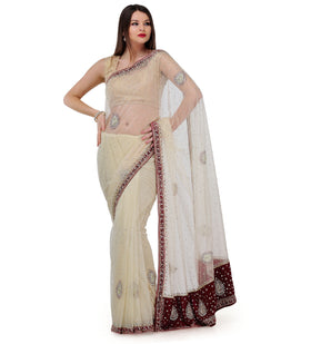 Beige Net Saree with Stone Work