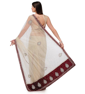 Beige Net Saree with Stone Work