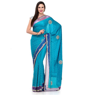 Turquoise Pure Crepe Jacquard Saree