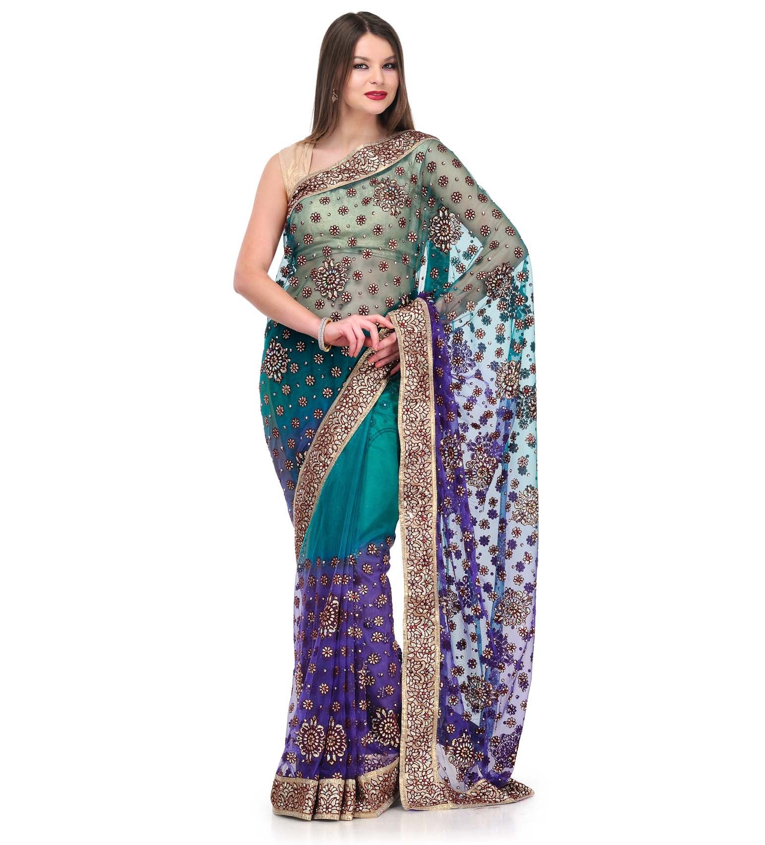 Green & Blue Shaded Net Saree