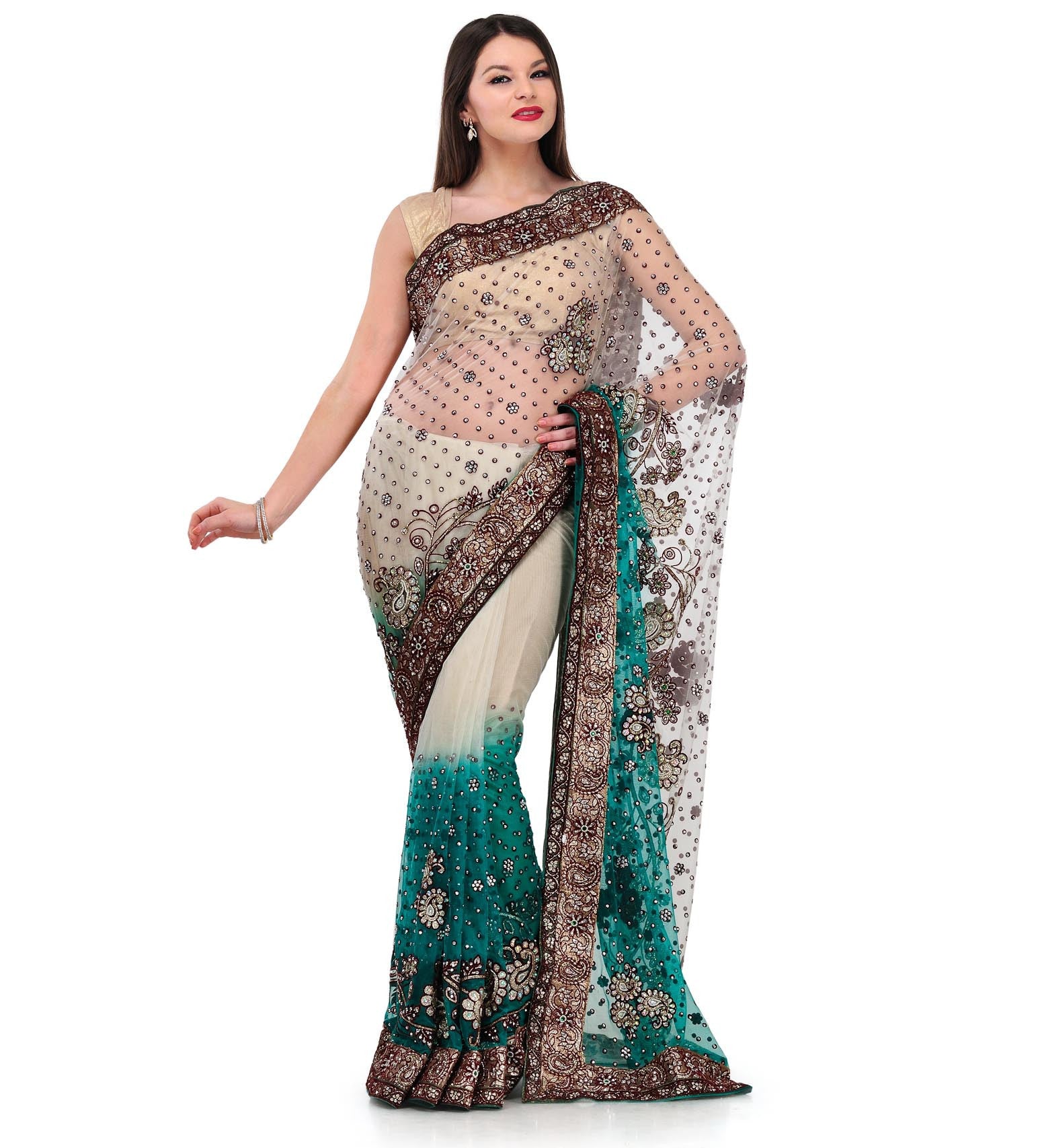 Beige & Green Shaded Net Saree