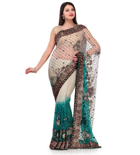 Beige & Green Shaded Net Saree