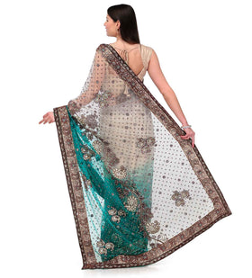 Beige & Green Shaded Net Saree
