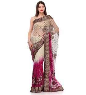 Beige & Magenta Shaded Net Saree