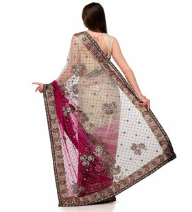 Beige & Magenta Shaded Net Saree