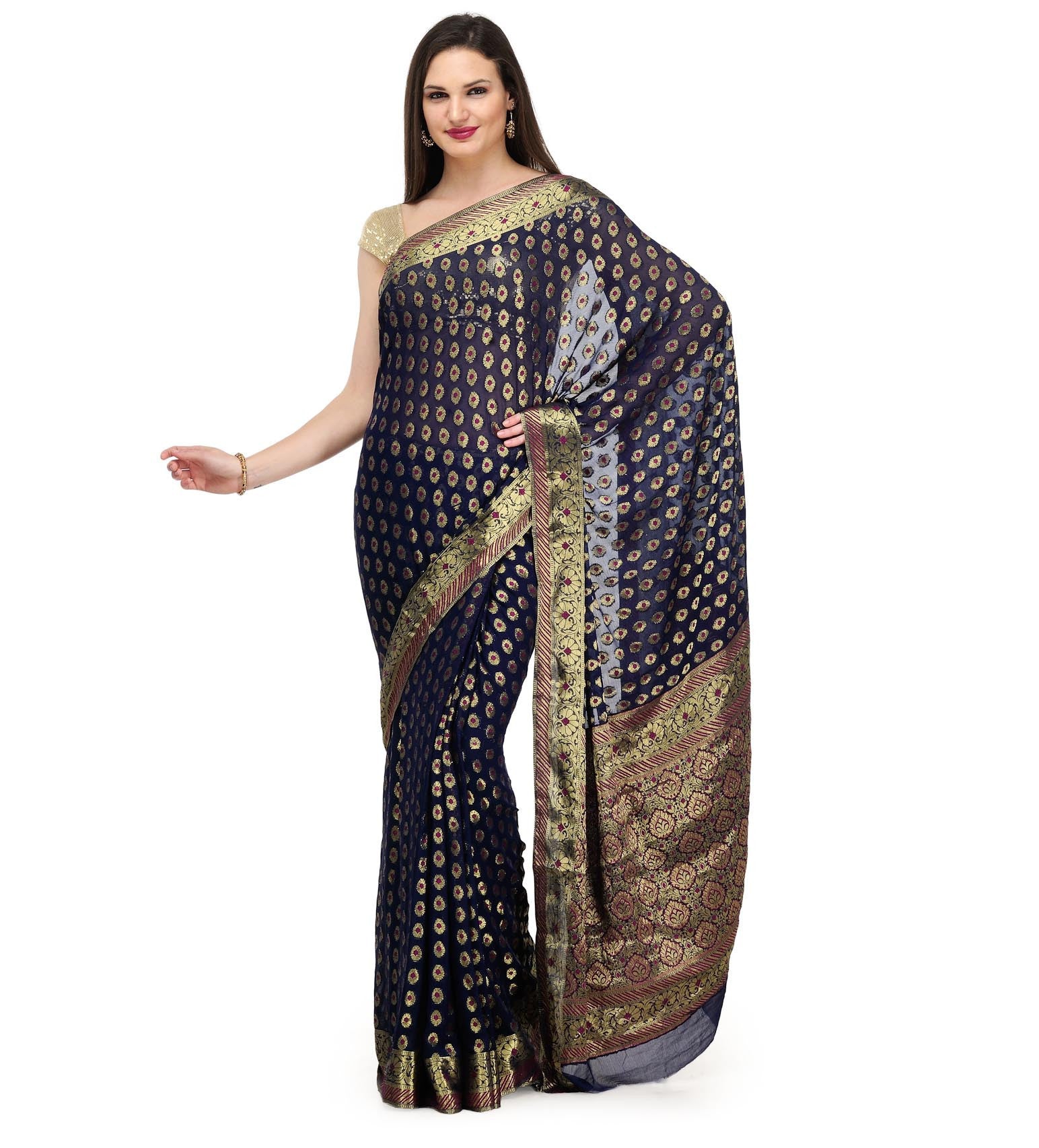 Navy Blue Zari Woven Viscose Saree