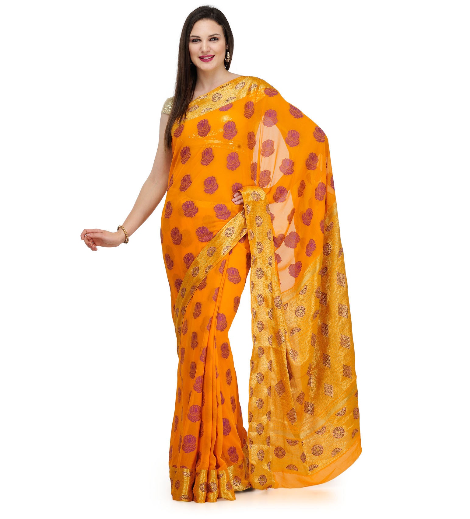 Orange Resham Woven Viscose Saree