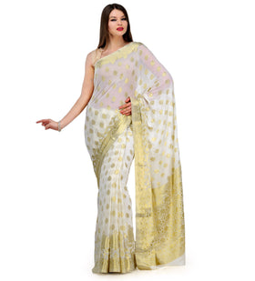 Off White Zari Woven Viscose Saree