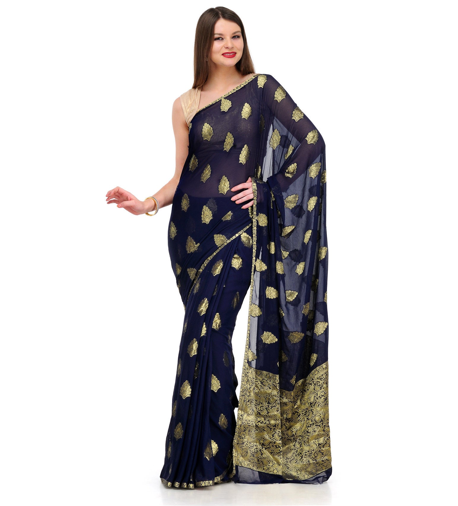 Navy Blue Zari Woven Viscose Saree