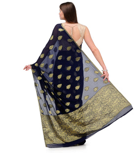 Navy Blue Zari Woven Viscose Saree