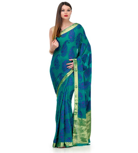 Green Resham Woven Semi Chiffon Saree