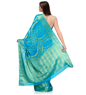 Turquoise Zari Woven Viscose Saree