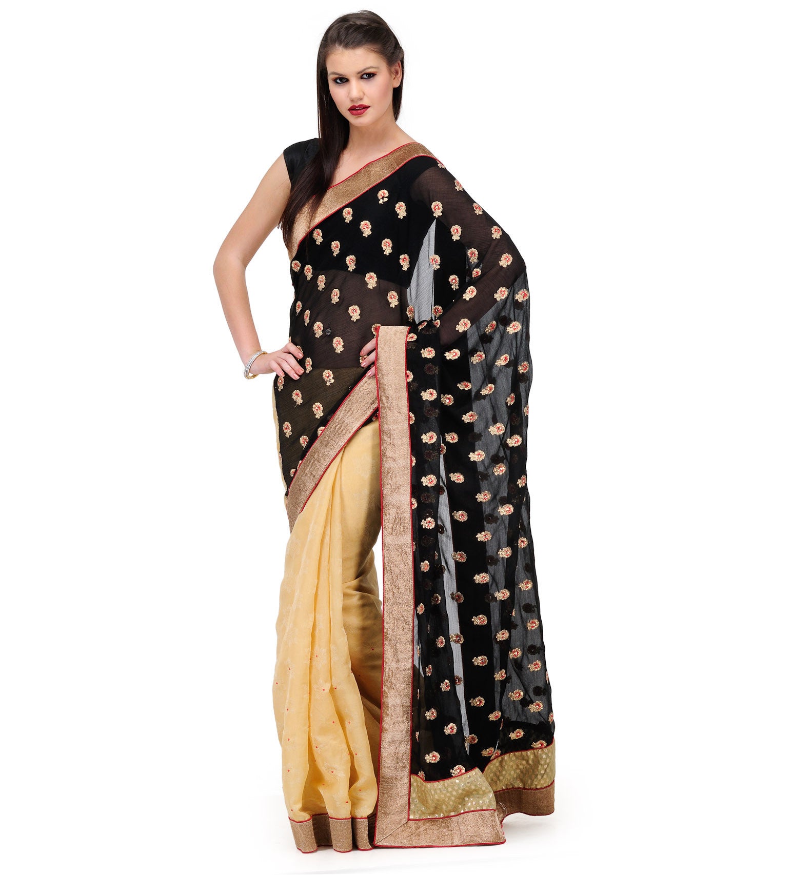 Black & Beige Faux Chiffon Saree