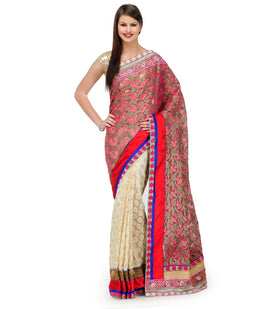 Salmon & Beige Faux Chanderi Saree