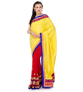 Yellow & Maroon Faux Chanderi Saree