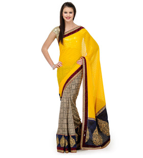 Yellow & Fawn Faux Chiffon Saree