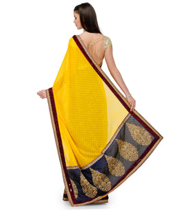 Yellow & Fawn Faux Chiffon Saree