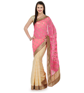 Salmon & Beige Faux Chiffon Saree