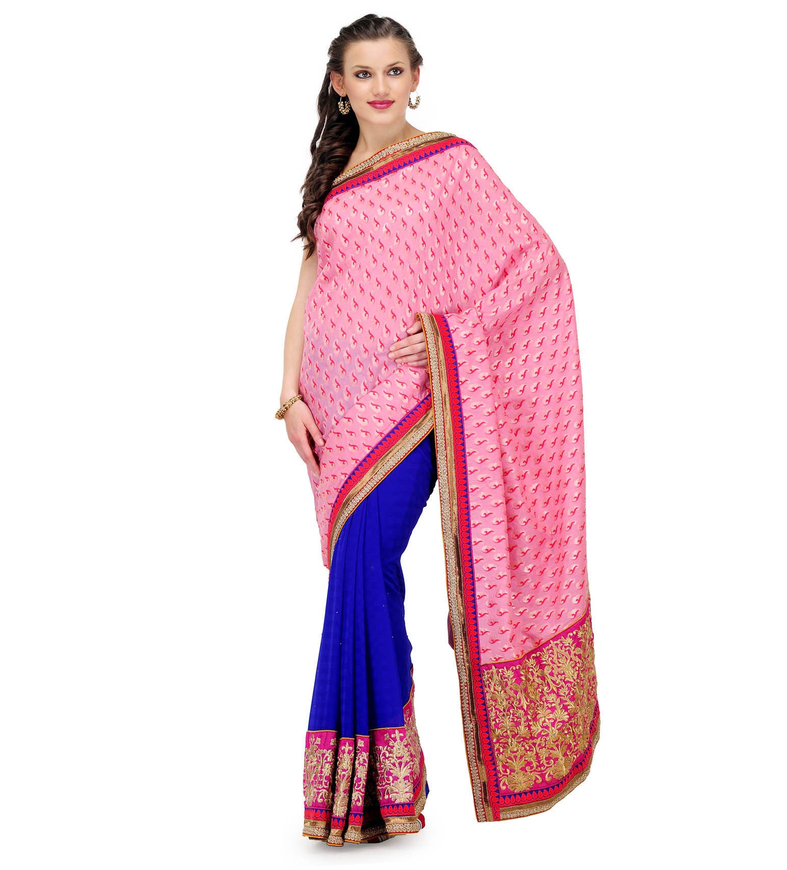 Salmon & Royal Blue Faux Chanderi Saree