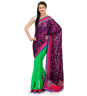 Magenta & Parrot Green Brasso Saree