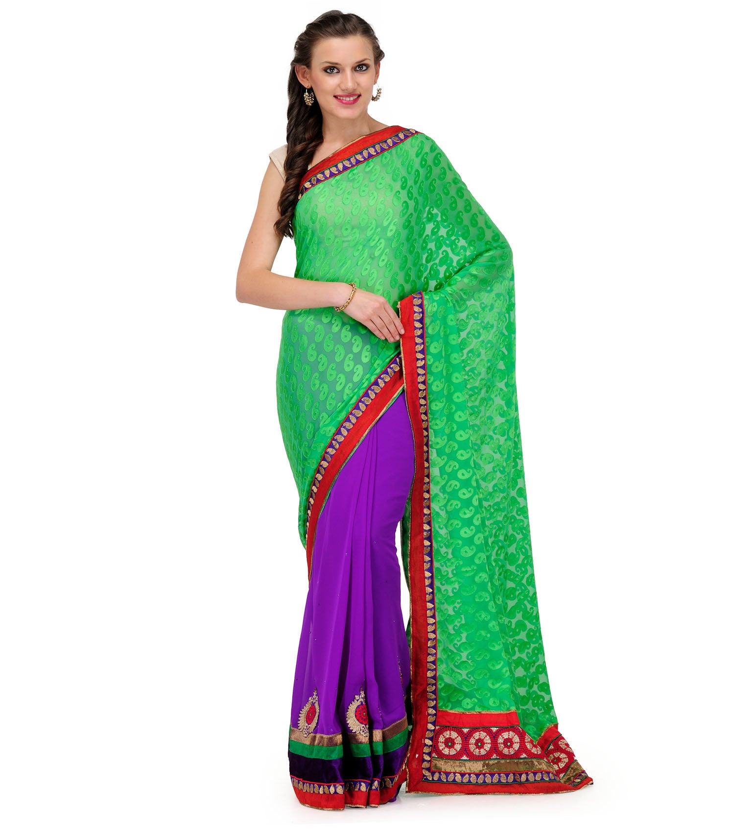 Parrot Green & Purple Brasso Saree