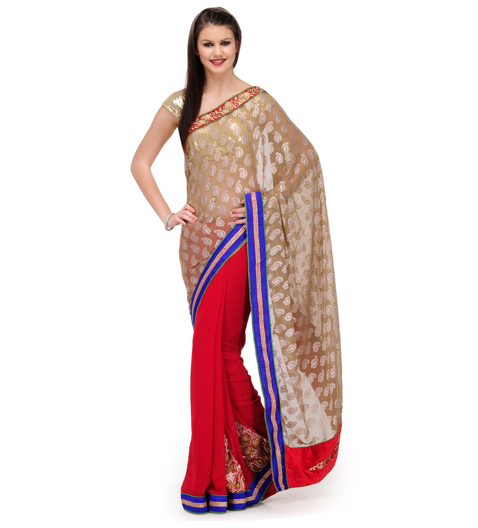 Fawn & Maroon Brasso Saree