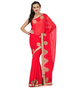 Red Faux Chiffon Saree with Brocade Border