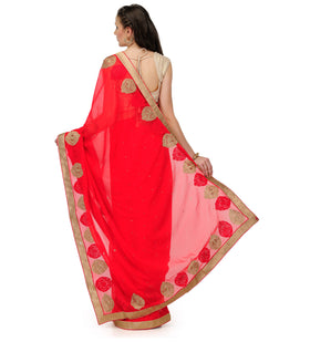 Red Faux Chiffon Saree with Brocade Border