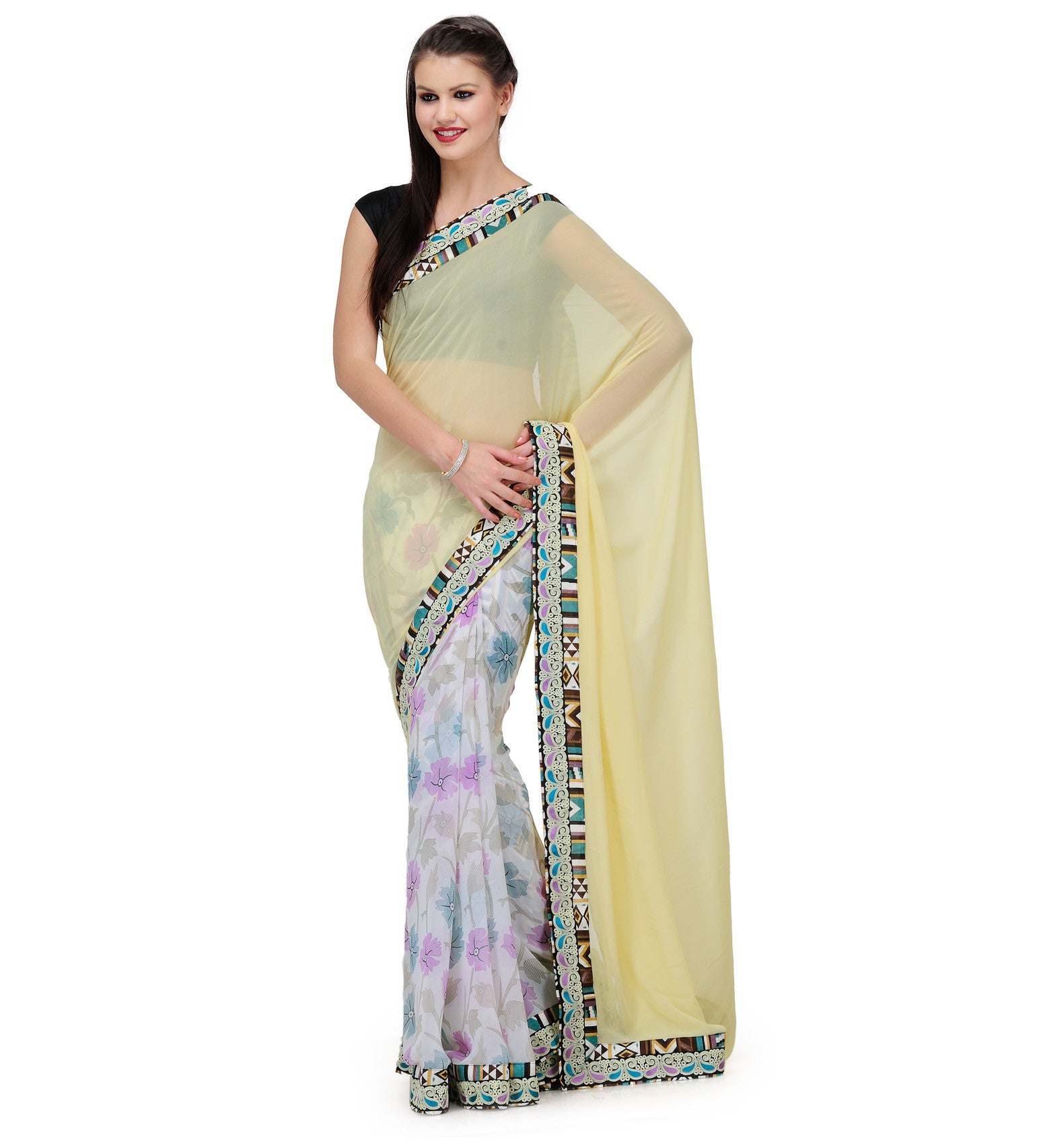 Off White Faux Georgette Saree