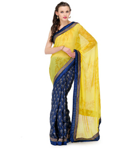 Yellow & Navy Blue Faux Georgette Saree