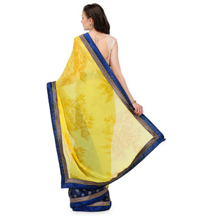 Yellow & Navy Blue Faux Georgette Saree