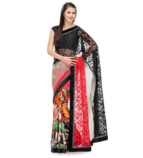 Black, Red & Beige Net Saree