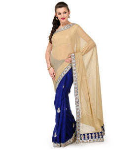 Beige & Navy Blue Faux Georgette Saree