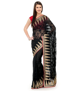 Black Faux Chiffon Saree with Brocade Border