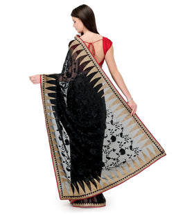 Black Faux Chiffon Saree with Brocade Border