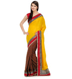 Yellow & Brown Faux Chiffon Saree