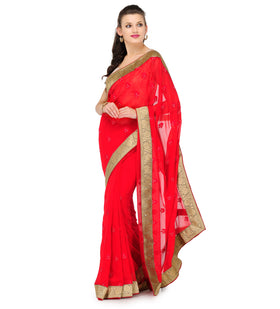 Red Faux Chiffon Saree with Zari Border