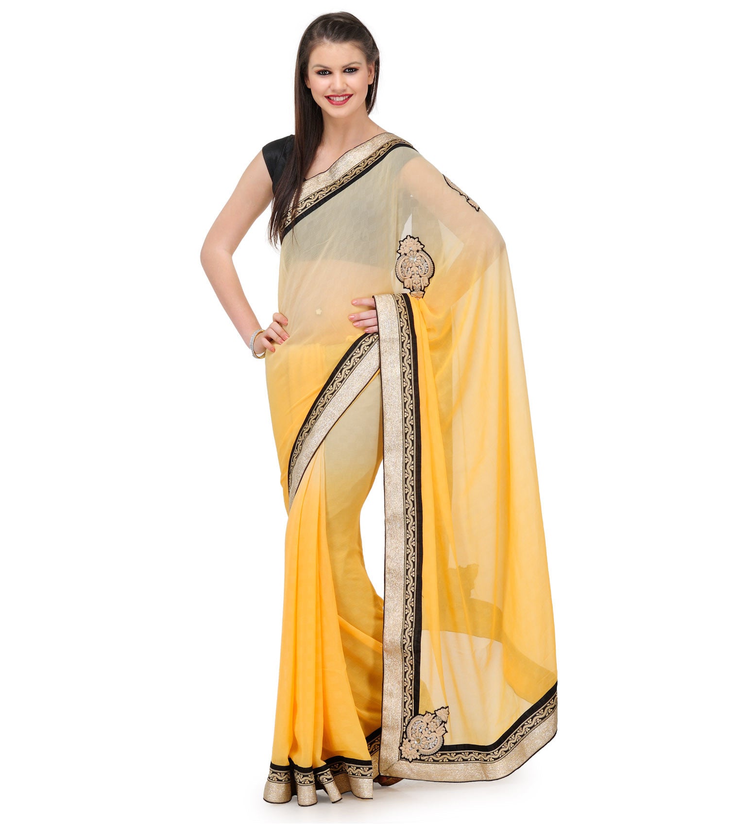 Beige & Yellow Shaded Faux Chiffon Saree