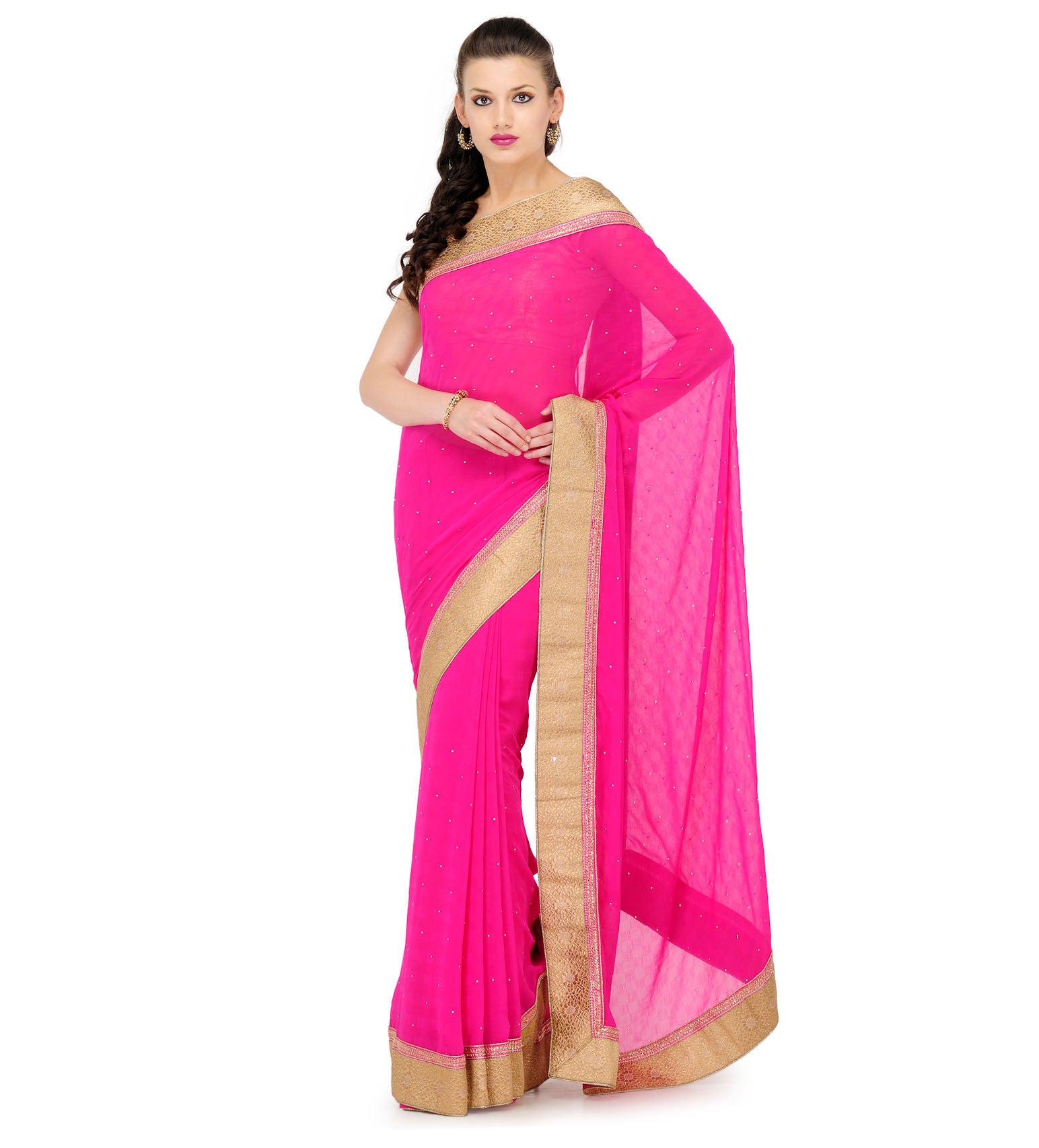 Pink Faux Chiffon Saree with Zari Border