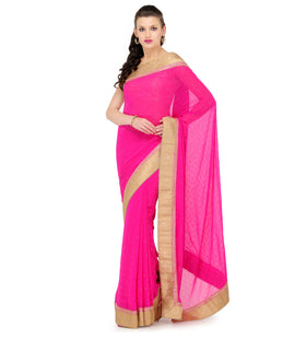 Pink Faux Chiffon Saree with Zari Border