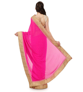 Pink Faux Chiffon Saree with Zari Border