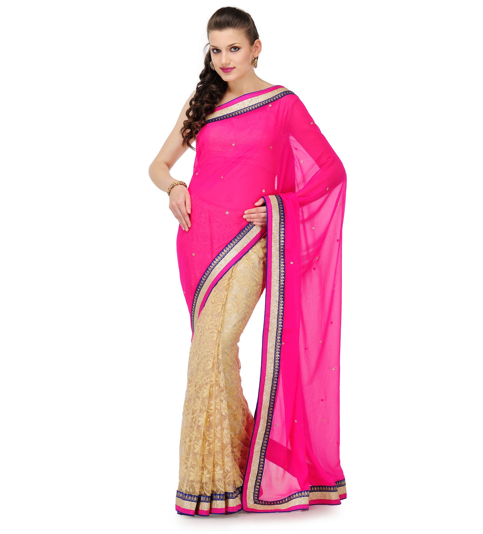 Pink & Beige Faux Chiffon Saree